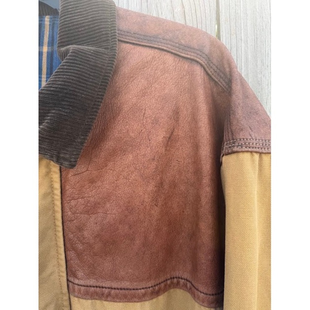 Vintage Tommy Hilfiger Canvas Barn Chore Jacket Tan Leather Yoke Corduroy Plaid - Picture 13 of 16